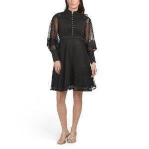 DALIA MACPHEE Black Long Sleeve Lace Trim Dress